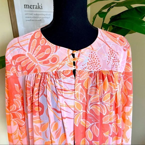 VTG MISS ELAINE 60s Sheer Mod Botanical Print ROBE/DUSTER - Picture 3 of 16